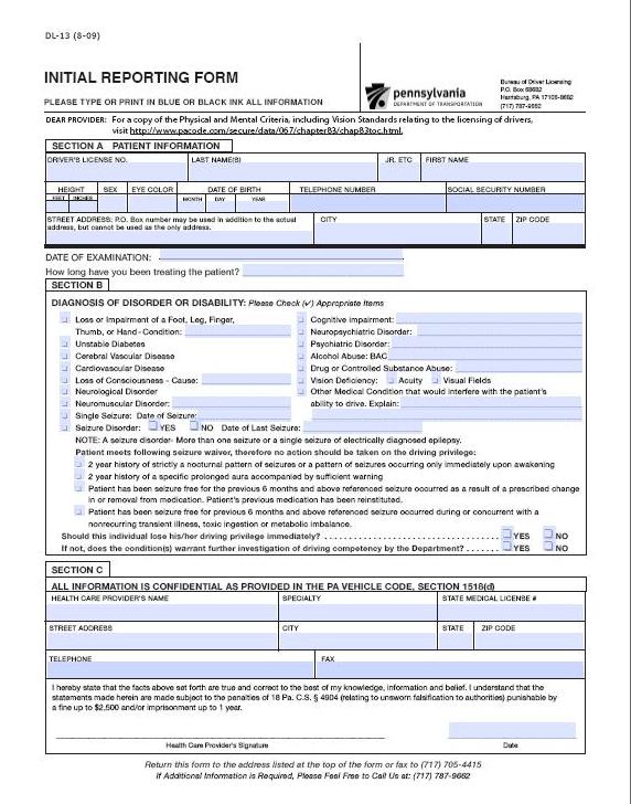 Pennsylvania DUI Law DL 13 form